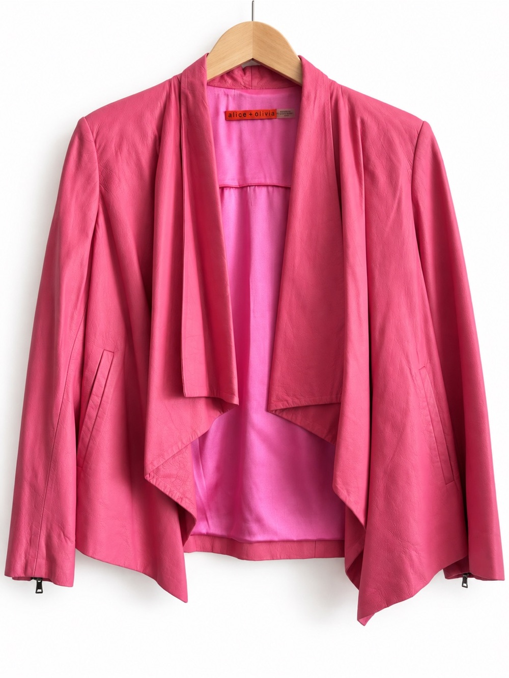 Alice + Olivia Pink Lamb Leather Draped Jacket Silk Lined M
